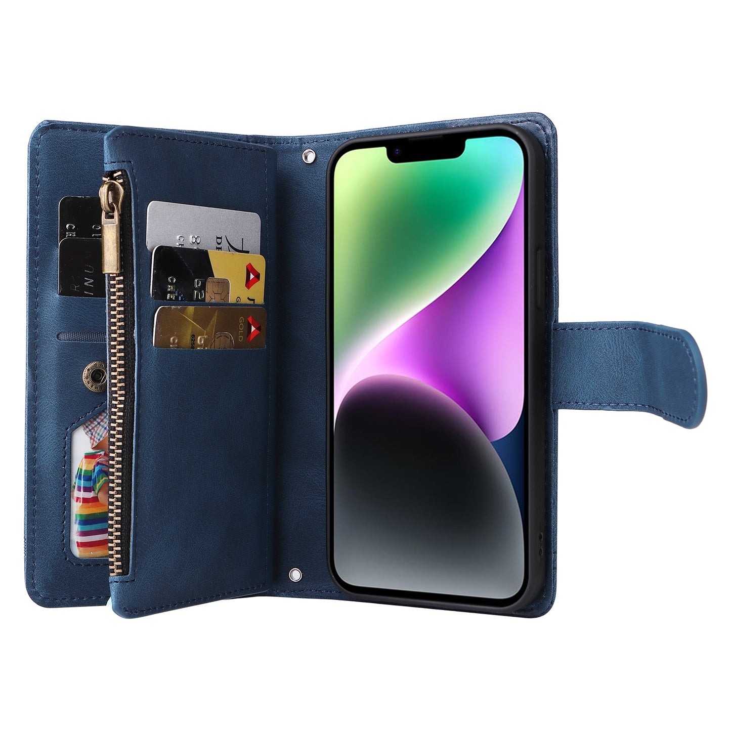Skin-touch Phone Case for iPhone 15 Zipper Pocket Imprinted Wallet Stand Multiple Card Slots PU Leather Cover - Blue