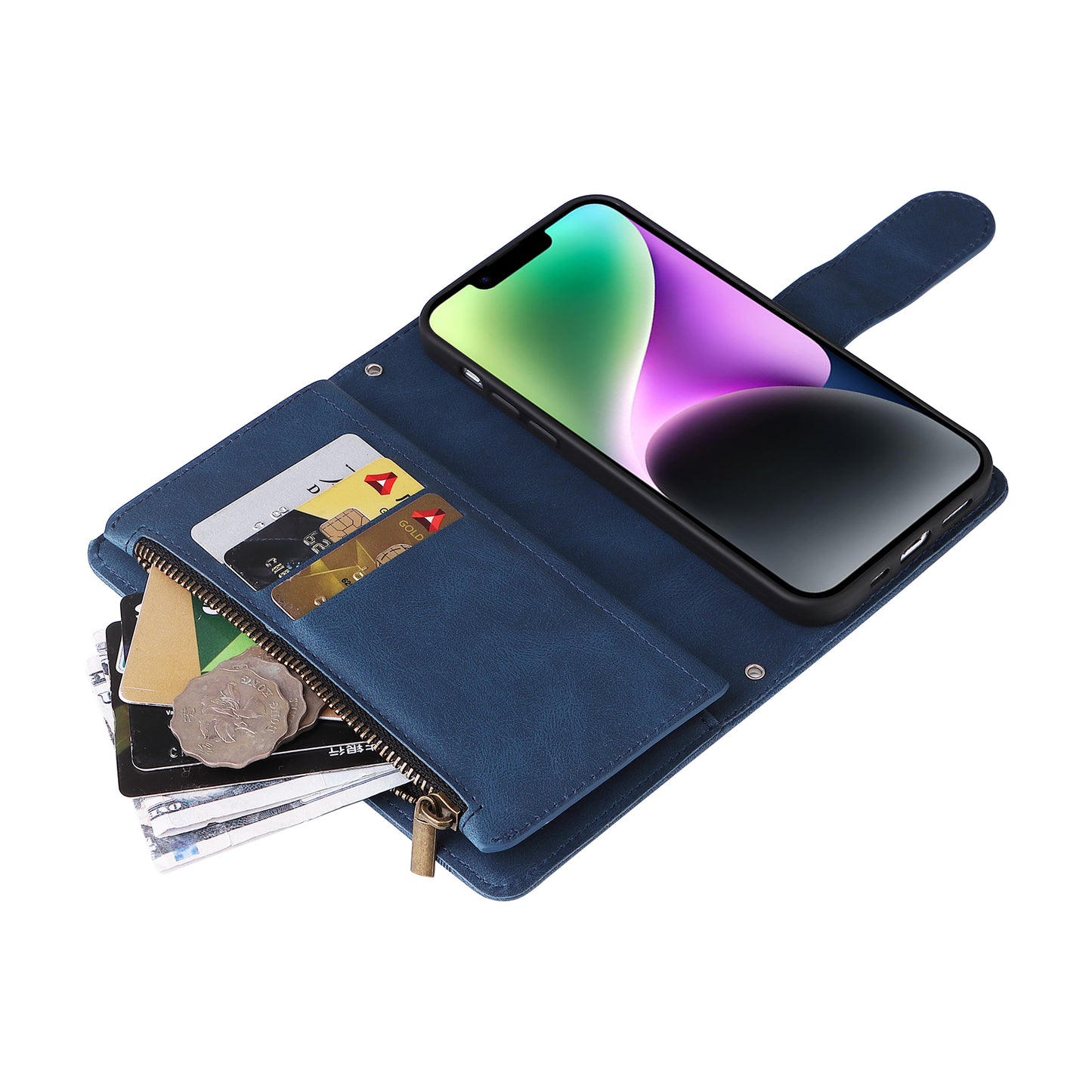 Skin-touch Phone Case for iPhone 15 Zipper Pocket Imprinted Wallet Stand Multiple Card Slots PU Leather Cover - Blue