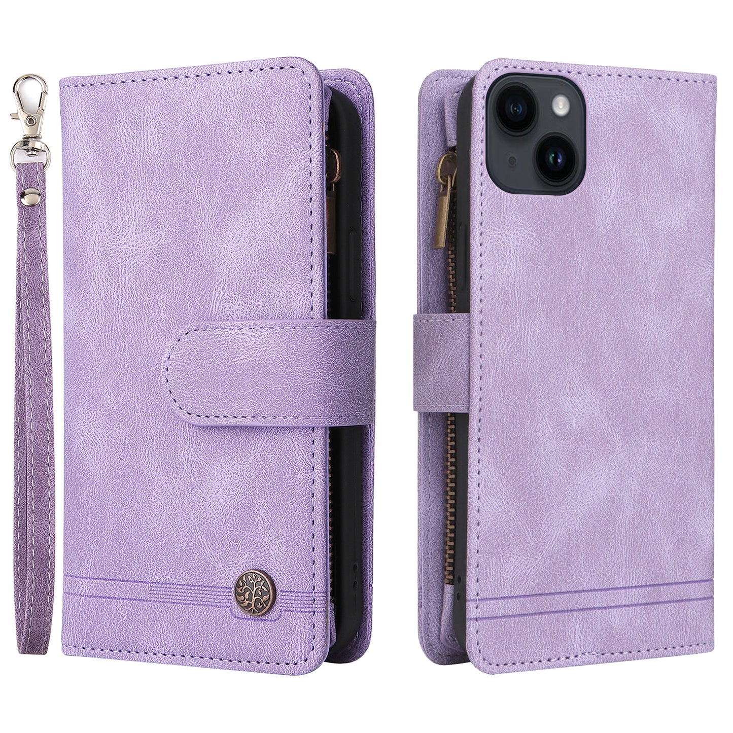 Skin-touch Phone Case for iPhone 15 Zipper Pocket Imprinted Wallet Stand Multiple Card Slots PU Leather Cover - Purple