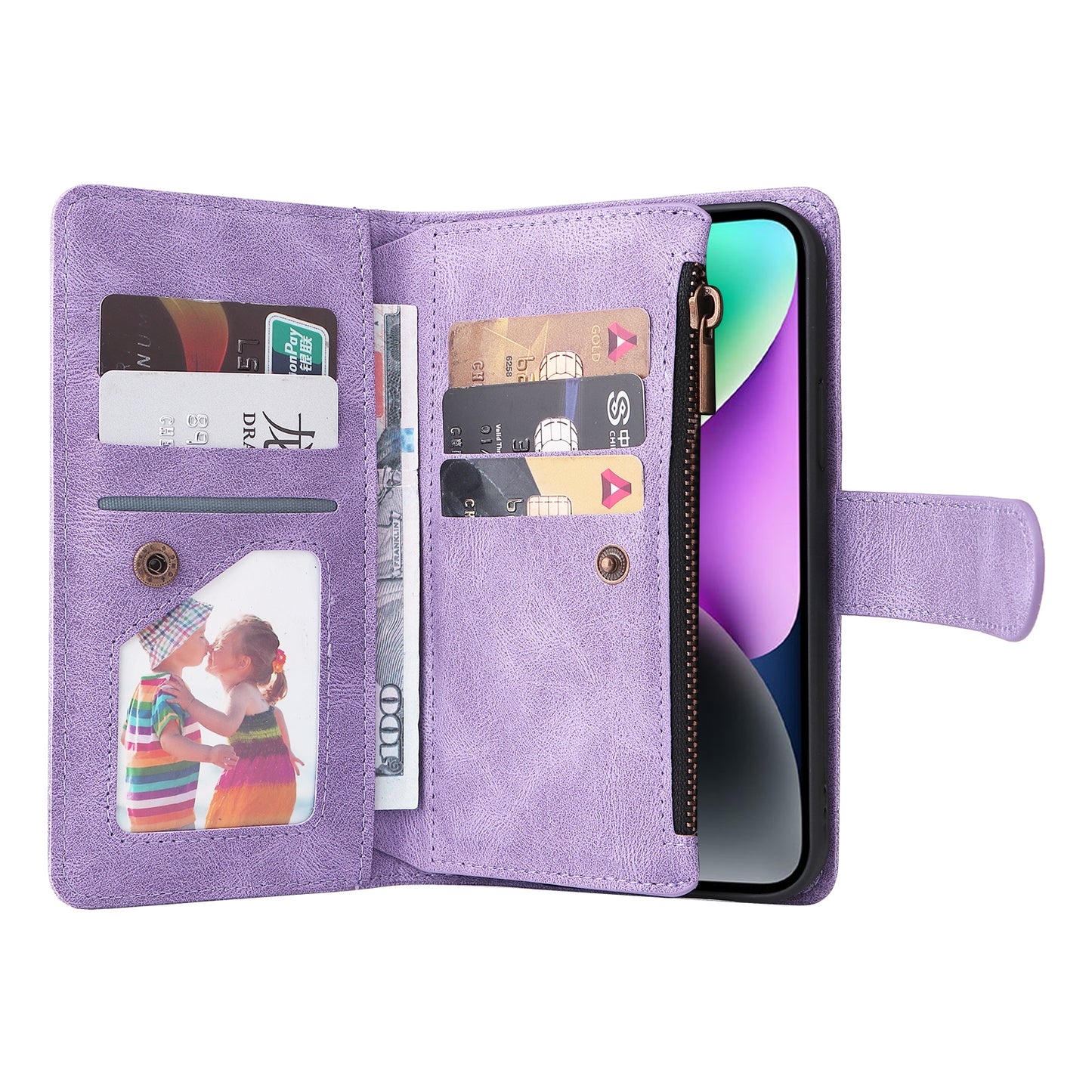 Skin-touch Phone Case for iPhone 15 Zipper Pocket Imprinted Wallet Stand Multiple Card Slots PU Leather Cover - Purple
