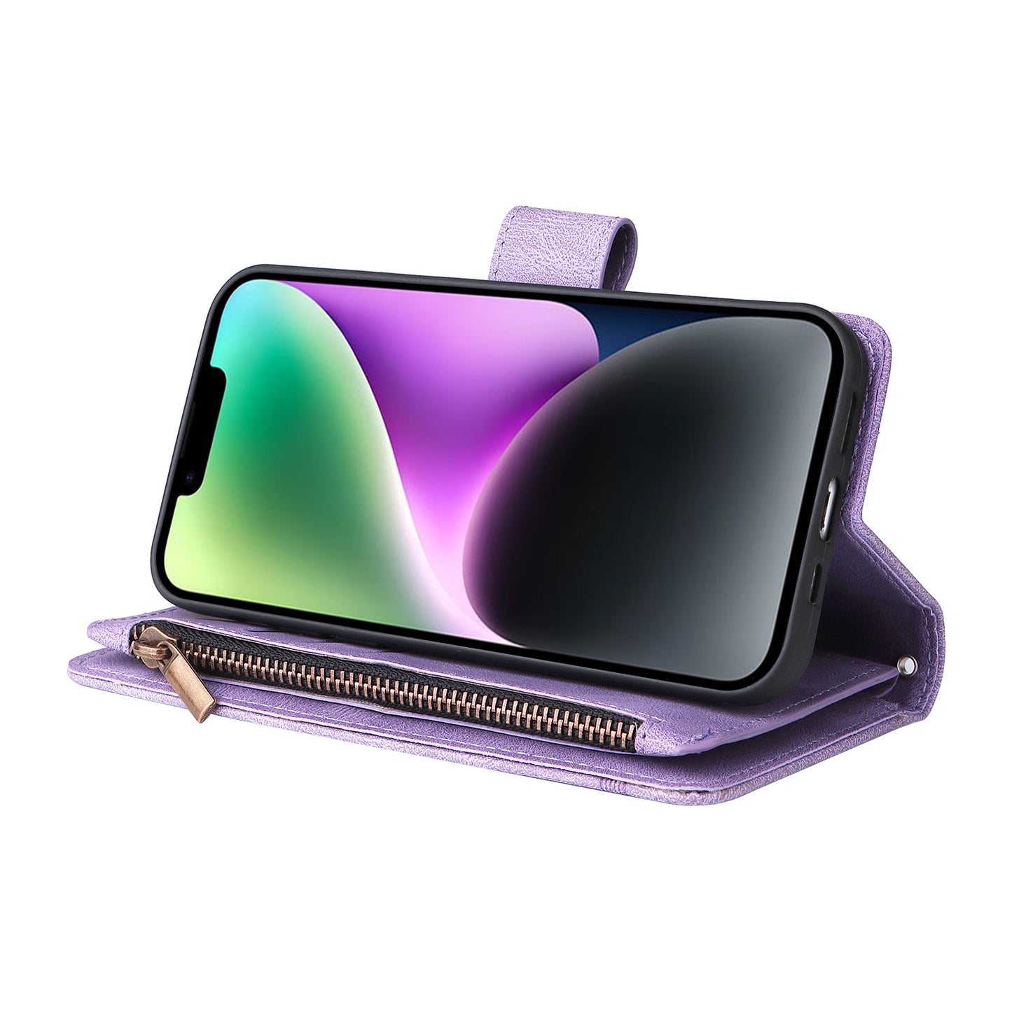 Skin-touch Phone Case for iPhone 15 Zipper Pocket Imprinted Wallet Stand Multiple Card Slots PU Leather Cover - Purple