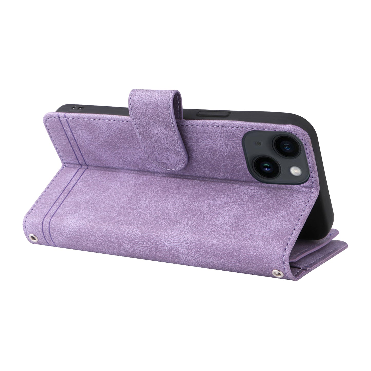 Skin-touch Phone Case for iPhone 15 Zipper Pocket Imprinted Wallet Stand Multiple Card Slots PU Leather Cover - Purple
