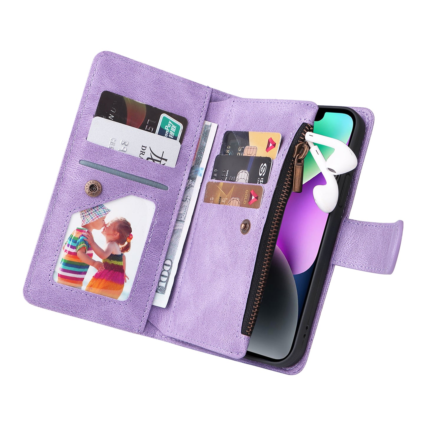 Skin-touch Phone Case for iPhone 15 Zipper Pocket Imprinted Wallet Stand Multiple Card Slots PU Leather Cover - Purple