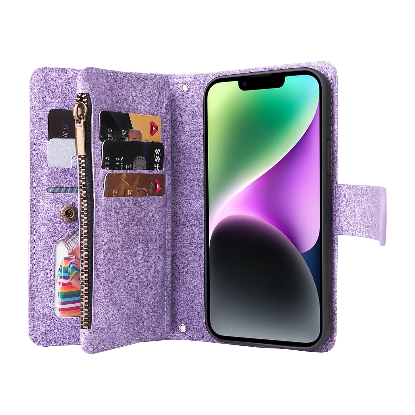 Skin-touch Phone Case for iPhone 15 Zipper Pocket Imprinted Wallet Stand Multiple Card Slots PU Leather Cover - Purple