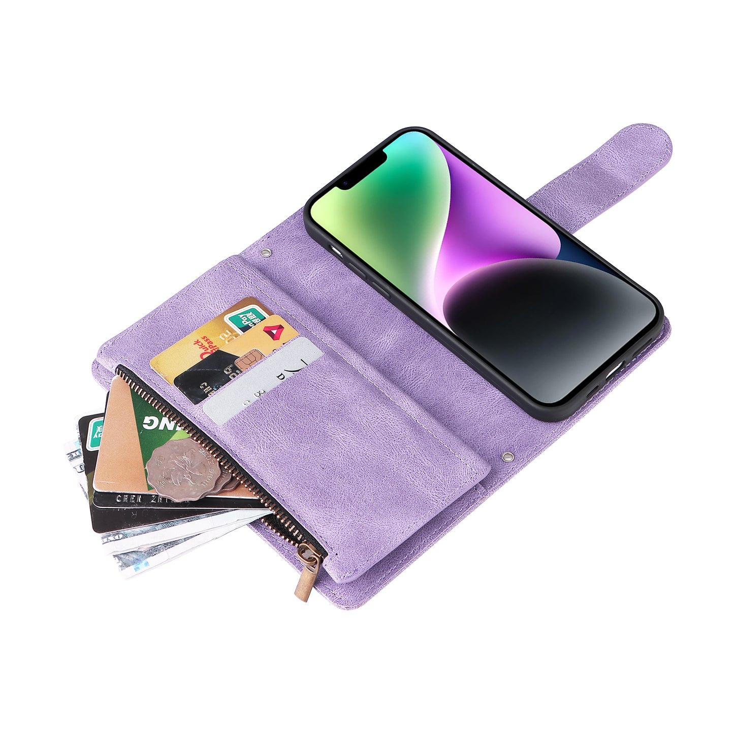 Skin-touch Phone Case for iPhone 15 Zipper Pocket Imprinted Wallet Stand Multiple Card Slots PU Leather Cover - Purple