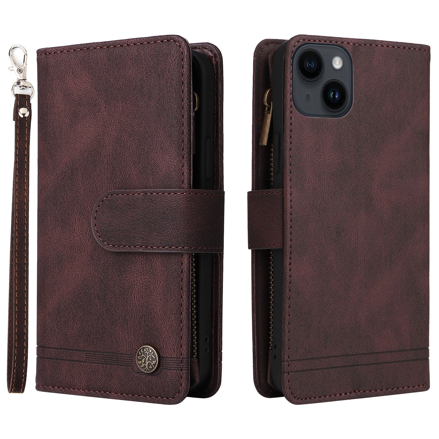 Skin-touch Phone Case for iPhone 15 Zipper Pocket Imprinted Wallet Stand Multiple Card Slots PU Leather Cover - Brown