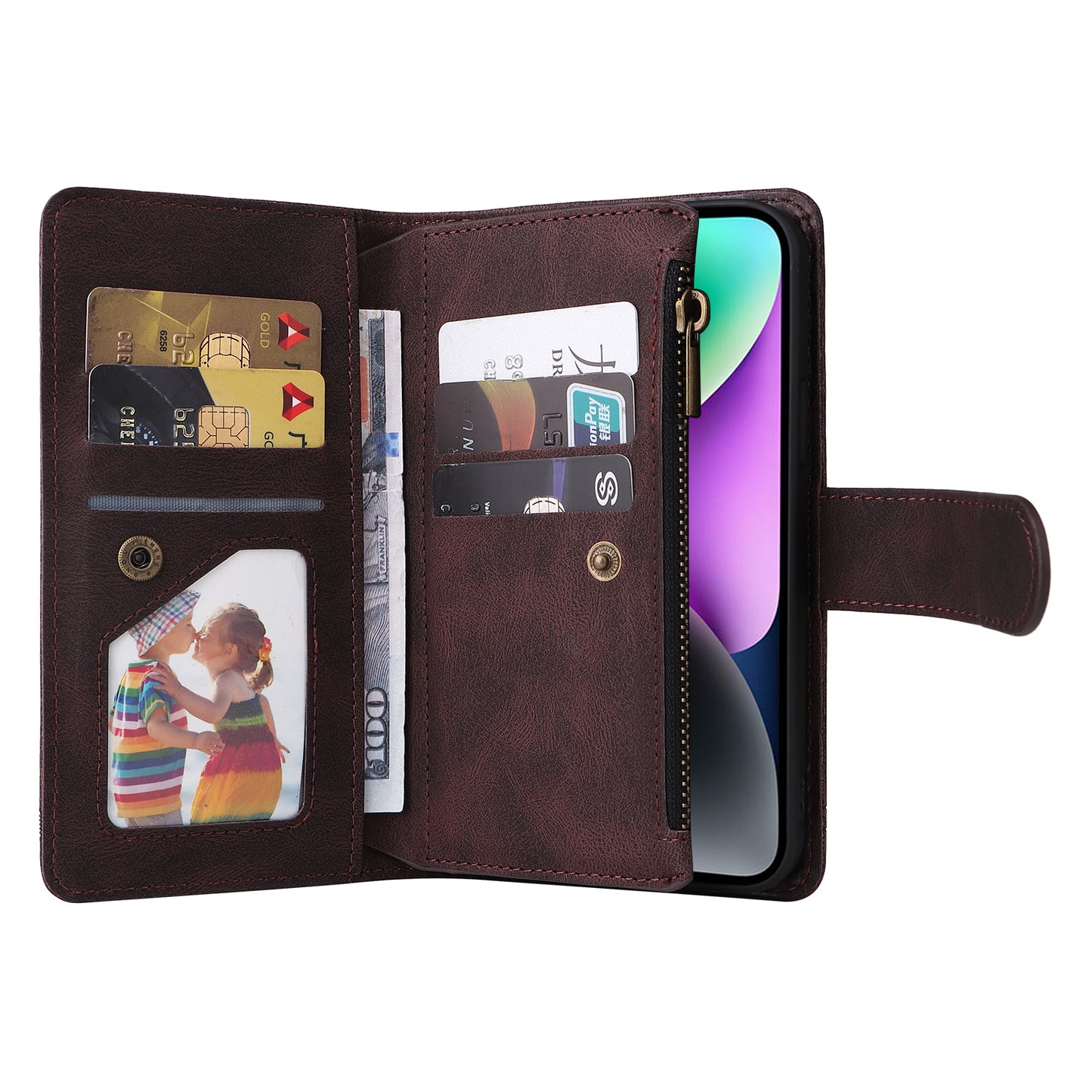 Skin-touch Phone Case for iPhone 15 Zipper Pocket Imprinted Wallet Stand Multiple Card Slots PU Leather Cover - Brown