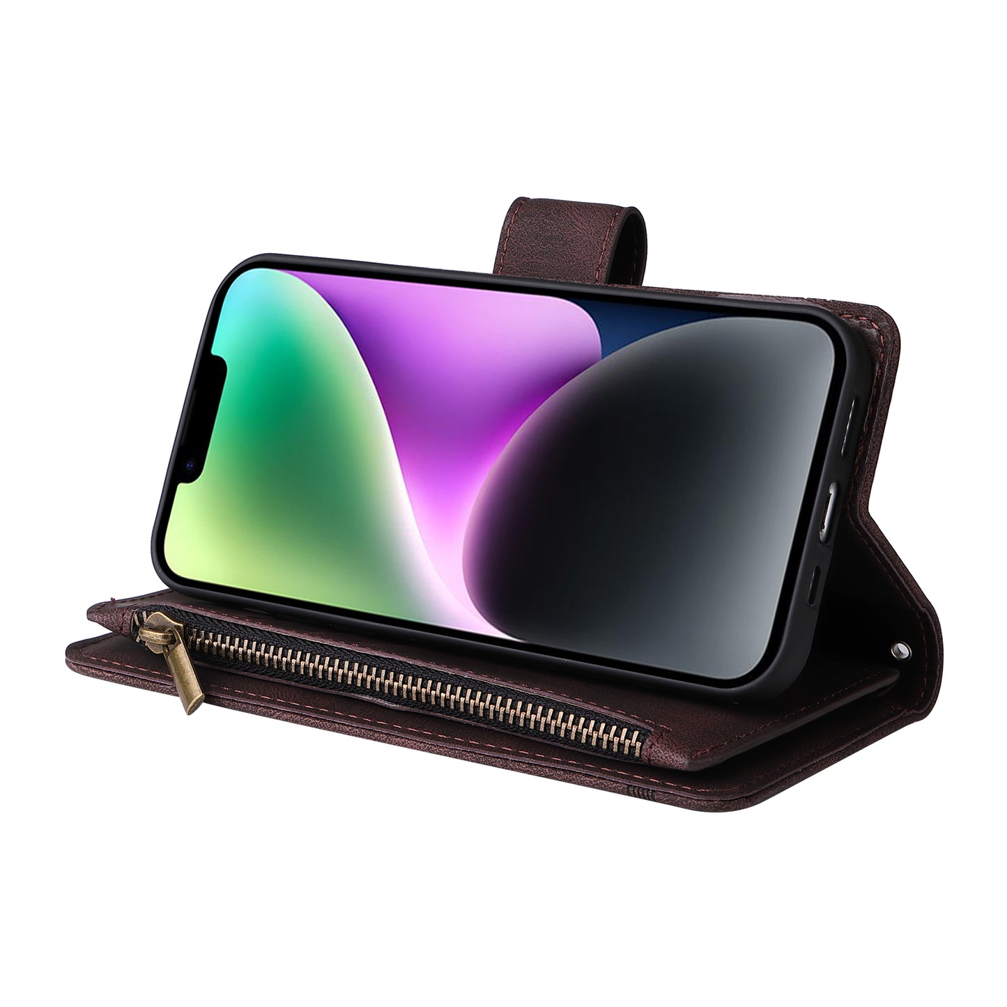 Skin-touch Phone Case for iPhone 15 Zipper Pocket Imprinted Wallet Stand Multiple Card Slots PU Leather Cover - Brown