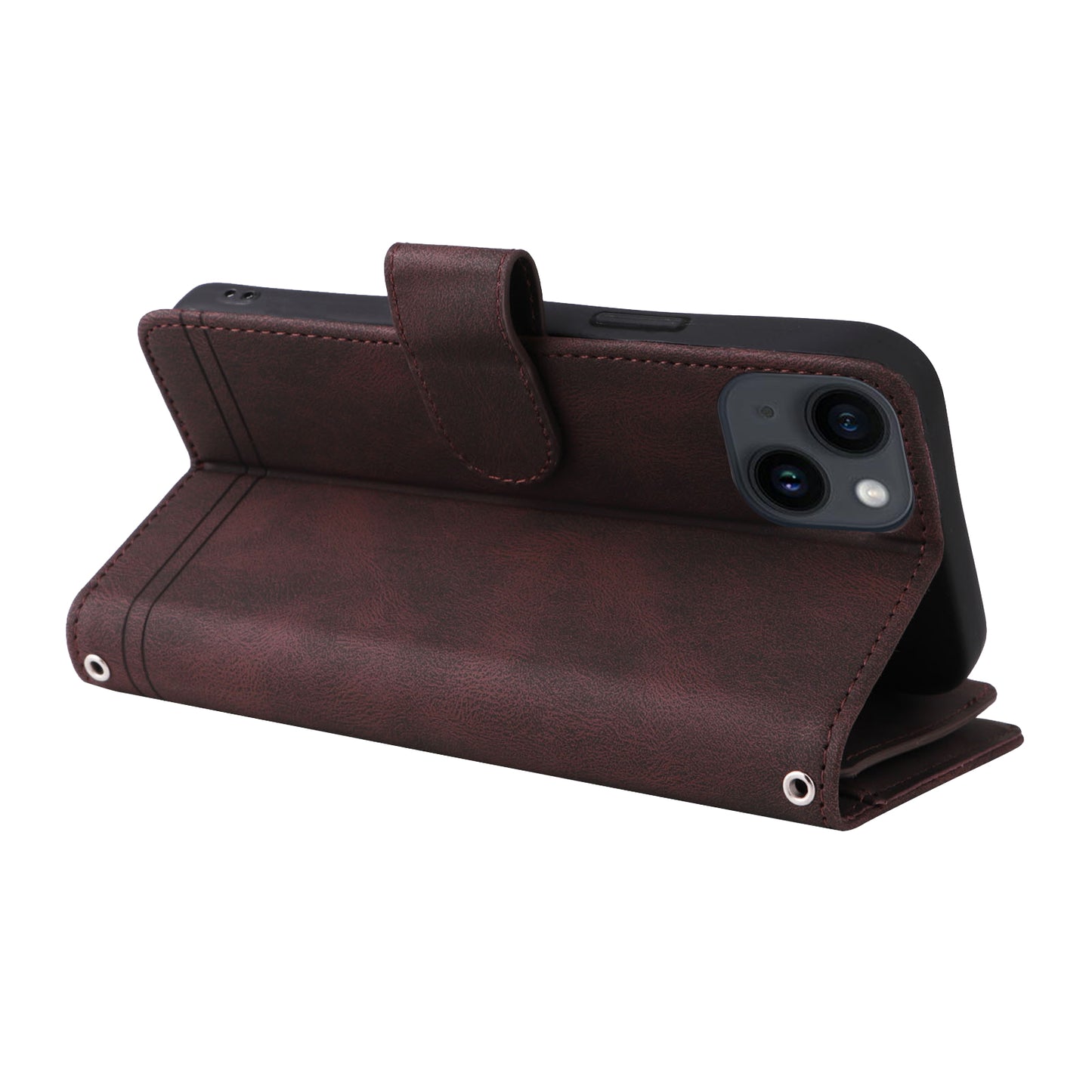 Skin-touch Phone Case for iPhone 15 Zipper Pocket Imprinted Wallet Stand Multiple Card Slots PU Leather Cover - Brown
