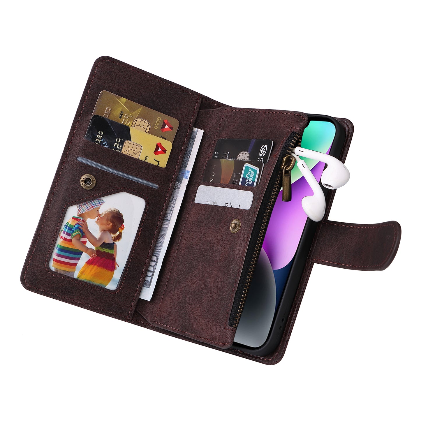 Skin-touch Phone Case for iPhone 15 Zipper Pocket Imprinted Wallet Stand Multiple Card Slots PU Leather Cover - Brown