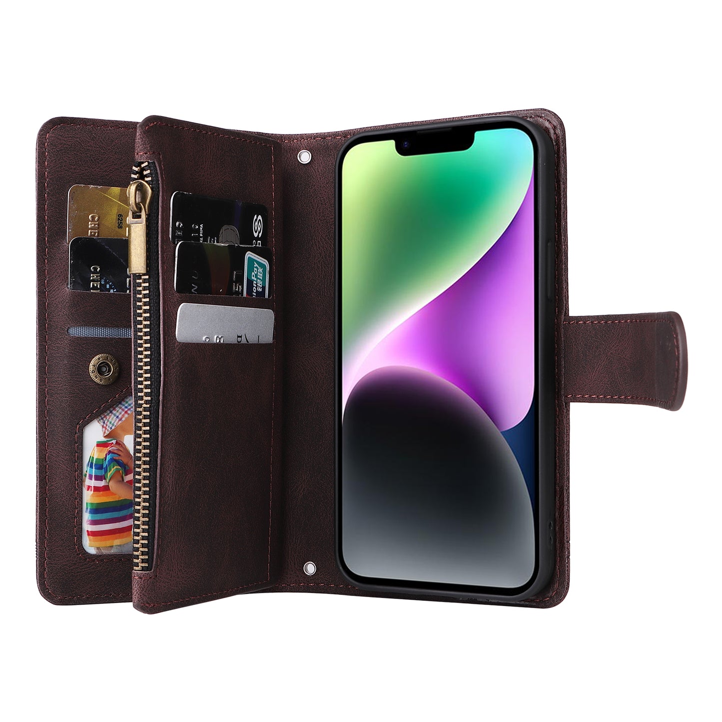 Skin-touch Phone Case for iPhone 15 Zipper Pocket Imprinted Wallet Stand Multiple Card Slots PU Leather Cover - Brown