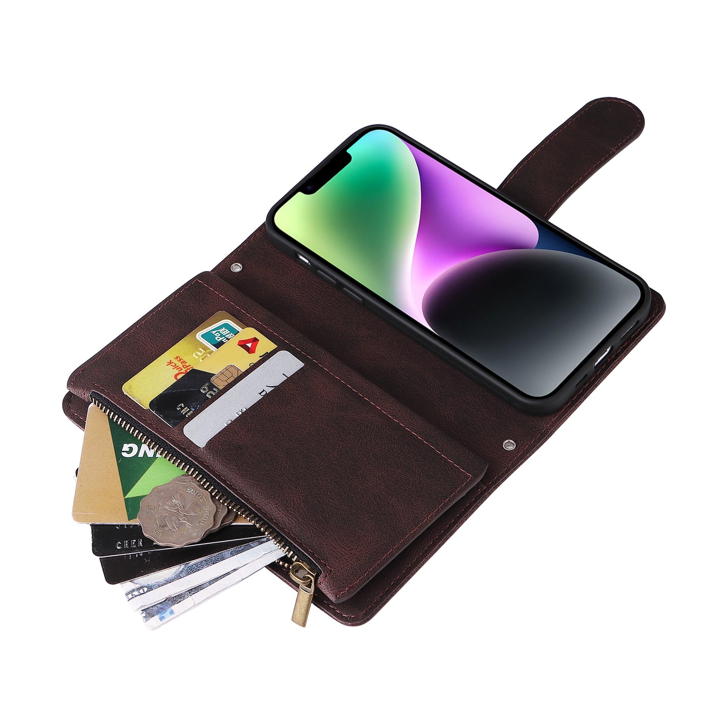Skin-touch Phone Case for iPhone 15 Zipper Pocket Imprinted Wallet Stand Multiple Card Slots PU Leather Cover - Brown