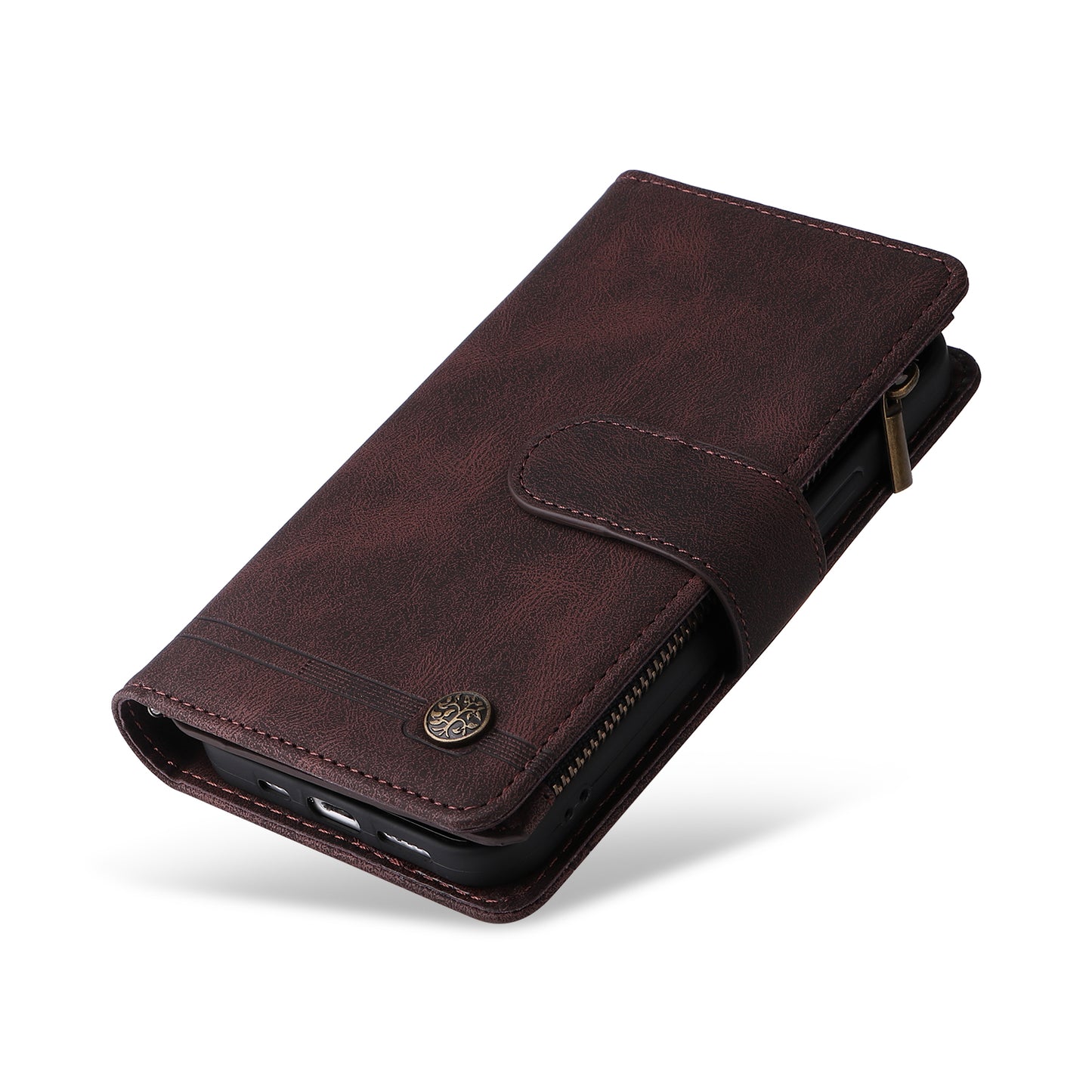Skin-touch Phone Case for iPhone 15 Zipper Pocket Imprinted Wallet Stand Multiple Card Slots PU Leather Cover - Brown