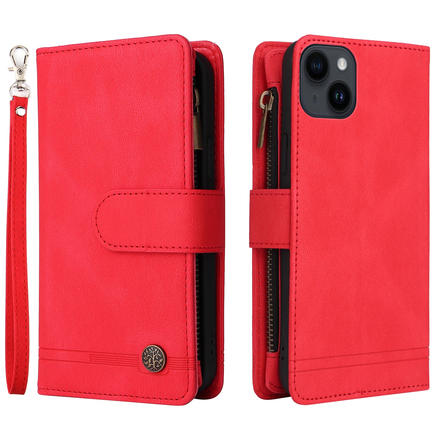 Skin-touch Phone Case for iPhone 15 Zipper Pocket Imprinted Wallet Stand Multiple Card Slots PU Leather Cover - Red