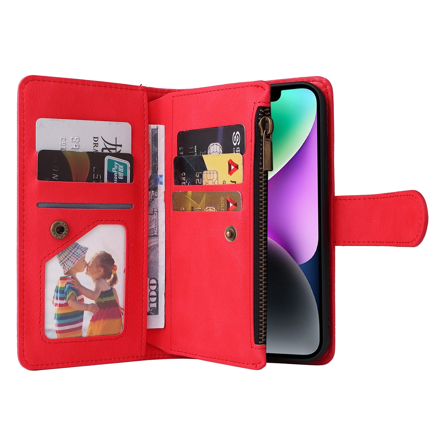 Skin-touch Phone Case for iPhone 15 Zipper Pocket Imprinted Wallet Stand Multiple Card Slots PU Leather Cover - Red