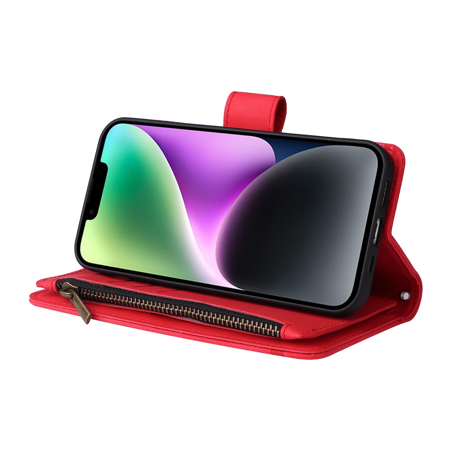 Skin-touch Phone Case for iPhone 15 Zipper Pocket Imprinted Wallet Stand Multiple Card Slots PU Leather Cover - Red