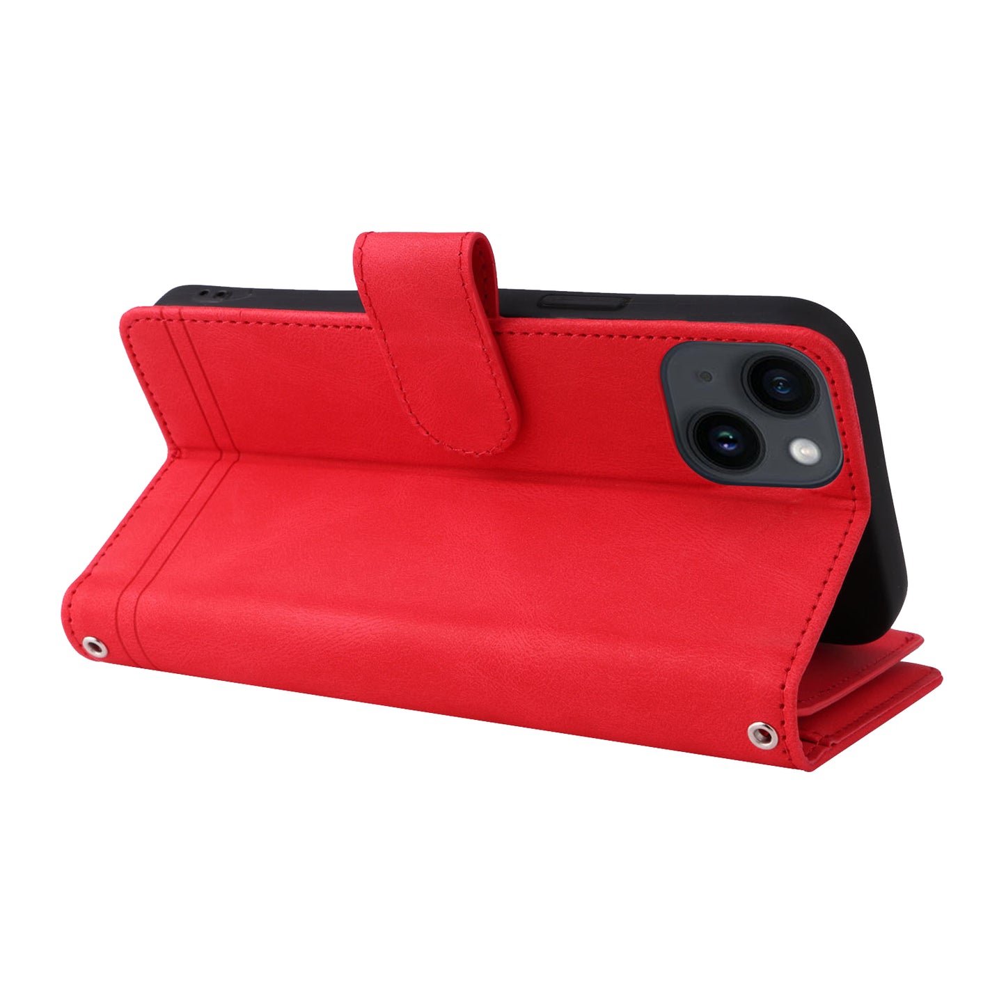 Skin-touch Phone Case for iPhone 15 Zipper Pocket Imprinted Wallet Stand Multiple Card Slots PU Leather Cover - Red