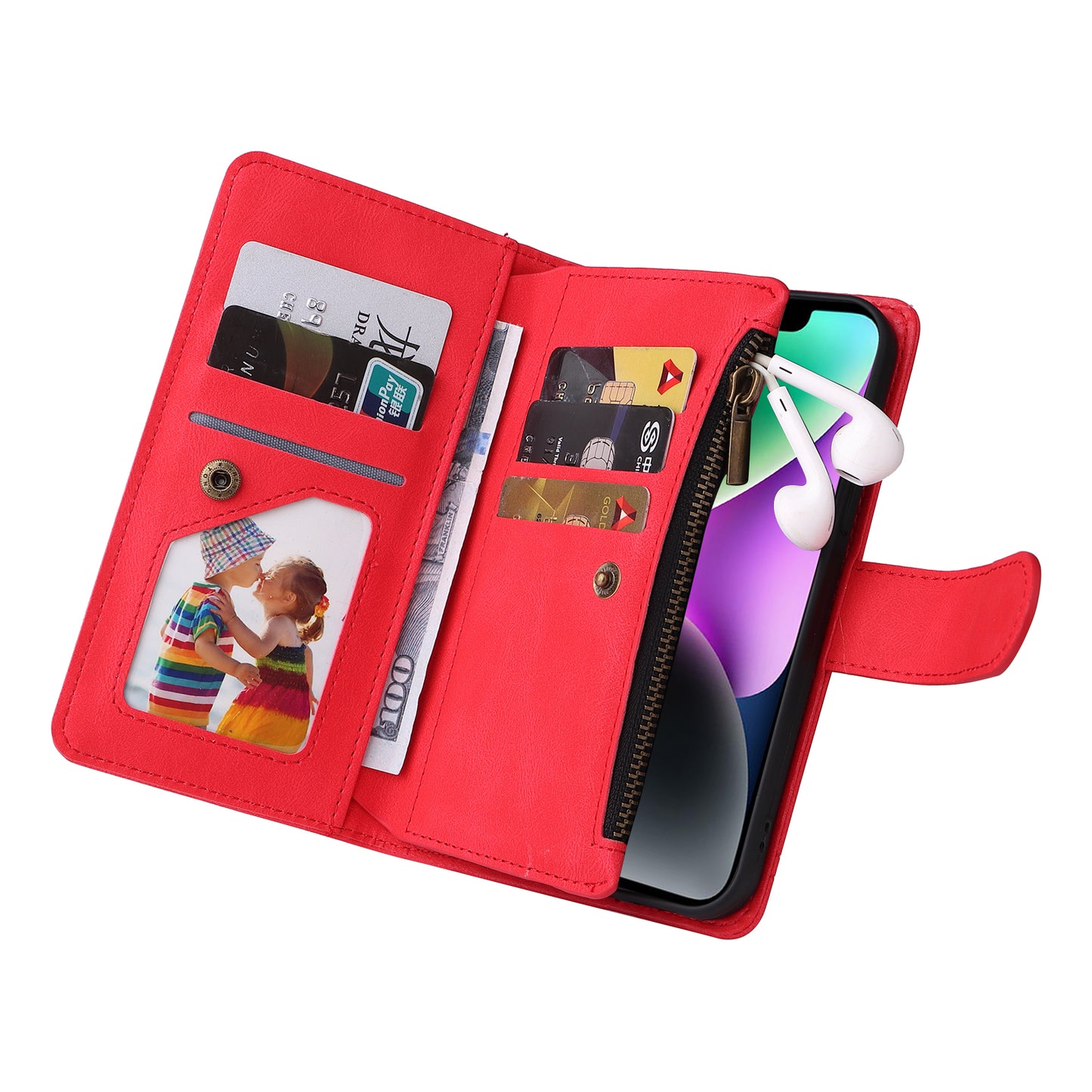 Skin-touch Phone Case for iPhone 15 Zipper Pocket Imprinted Wallet Stand Multiple Card Slots PU Leather Cover - Red