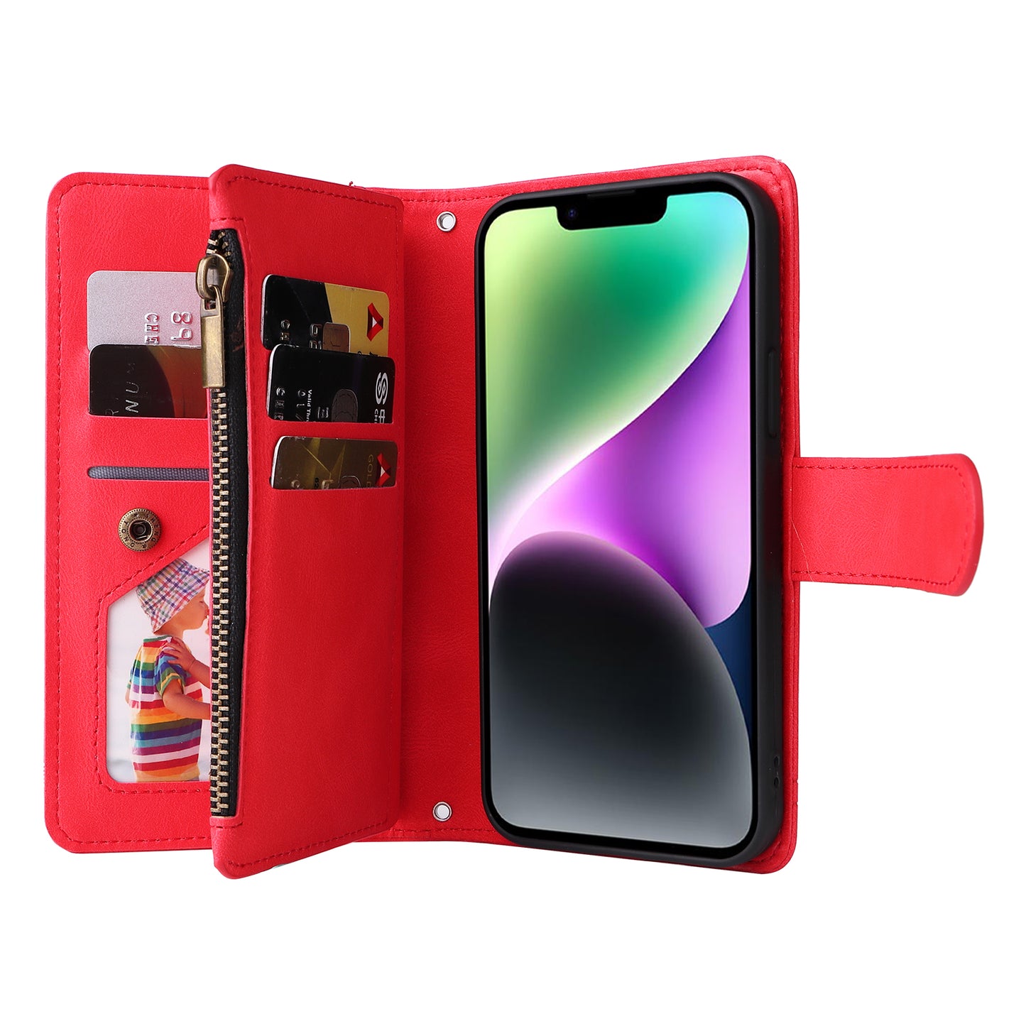 Skin-touch Phone Case for iPhone 15 Zipper Pocket Imprinted Wallet Stand Multiple Card Slots PU Leather Cover - Red