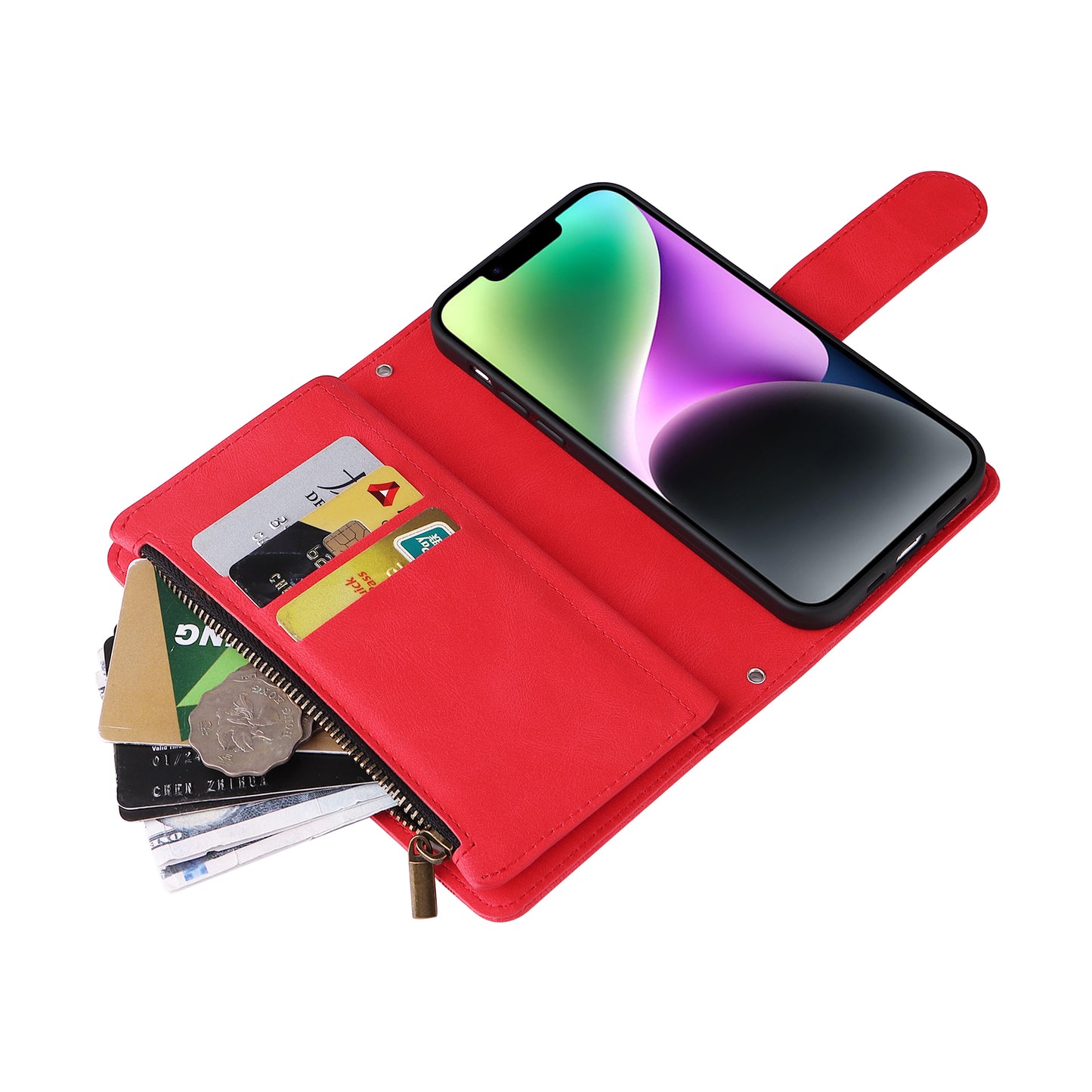 Skin-touch Phone Case for iPhone 15 Zipper Pocket Imprinted Wallet Stand Multiple Card Slots PU Leather Cover - Red