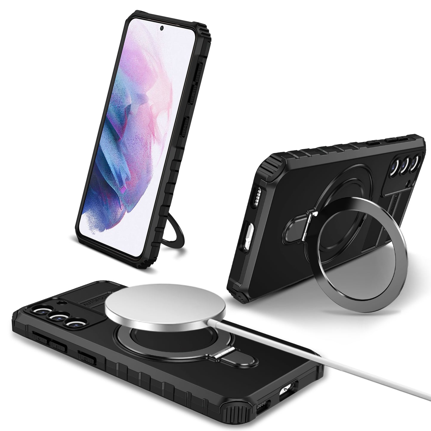 Uniqkart for Samsung Galaxy S21+ 5G Magnetic Metal Ring Cell Phone Case PC+TPU Phone Shell Kickstand Cover - Black