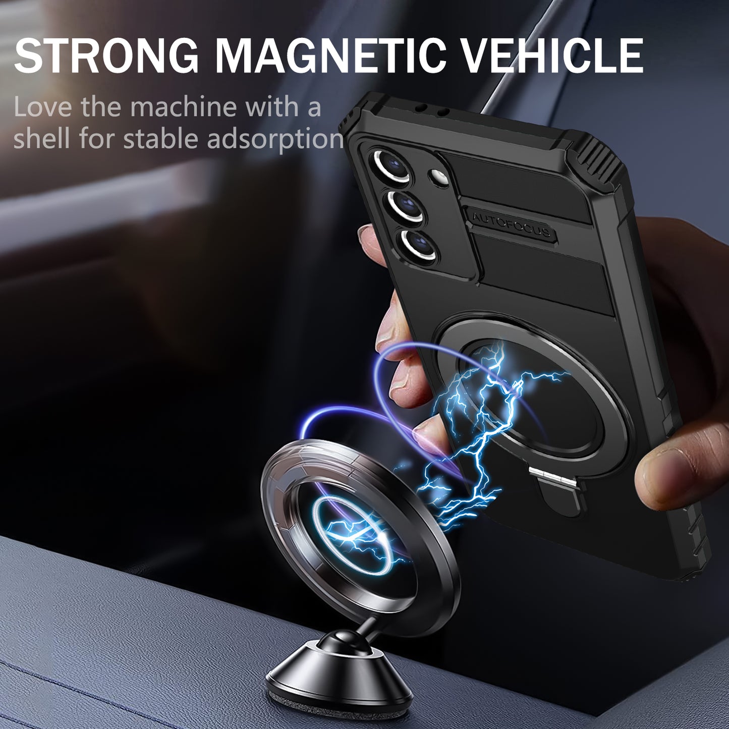 Uniqkart for Samsung Galaxy S21+ 5G Magnetic Metal Ring Cell Phone Case PC+TPU Phone Shell Kickstand Cover - Black
