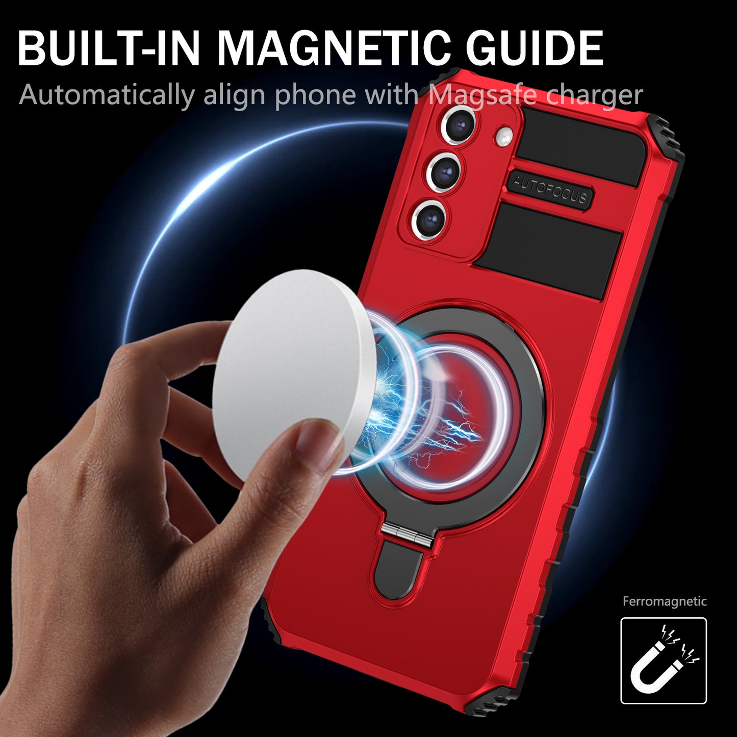 Uniqkart for Samsung Galaxy S21+ 5G Magnetic Metal Ring Cell Phone Case PC+TPU Phone Shell Kickstand Cover - Red