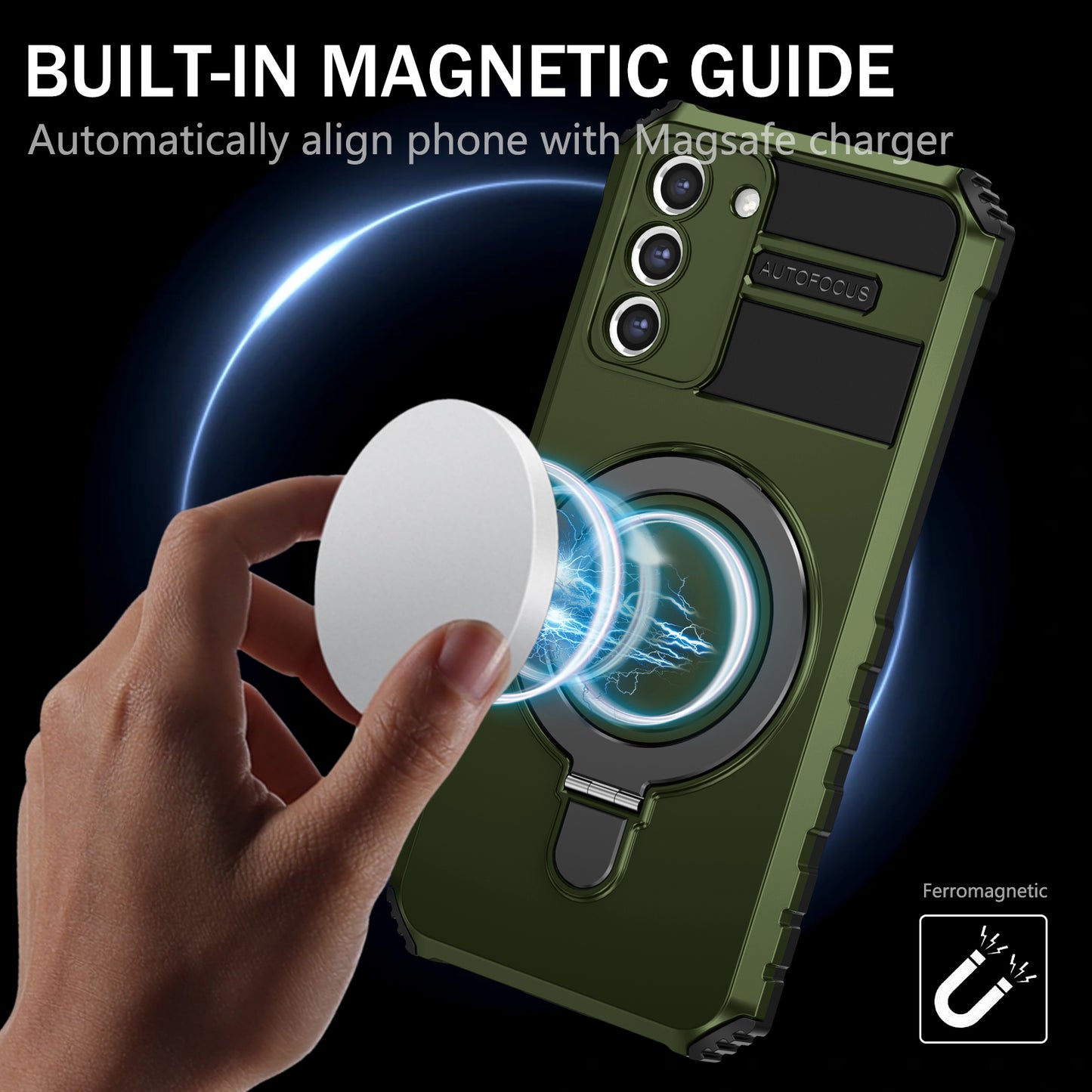 Uniqkart for Samsung Galaxy S21+ 5G Magnetic Metal Ring Cell Phone Case PC+TPU Phone Shell Kickstand Cover - Green