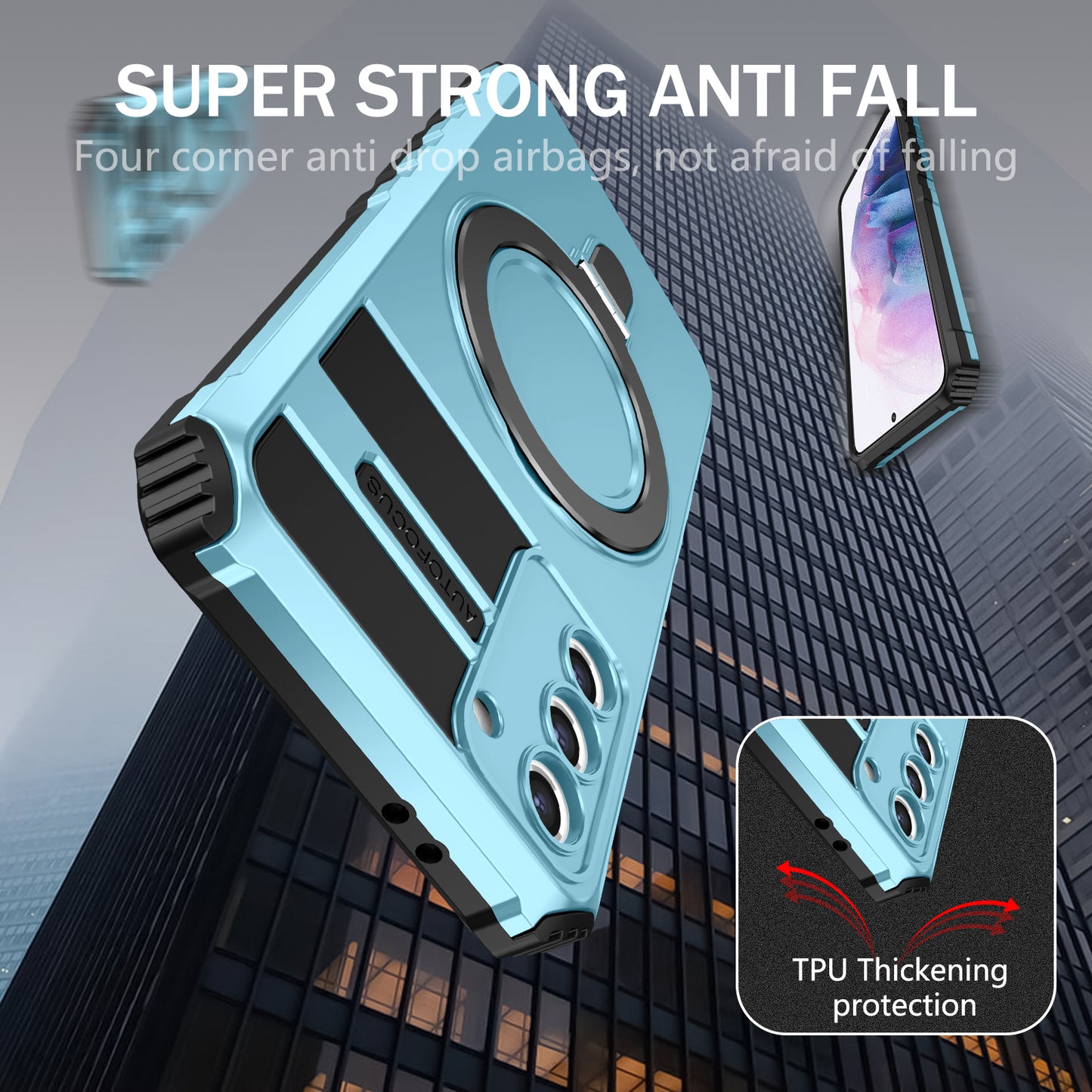 Uniqkart for Samsung Galaxy S21+ 5G Magnetic Metal Ring Cell Phone Case PC+TPU Phone Shell Kickstand Cover - Baby Blue