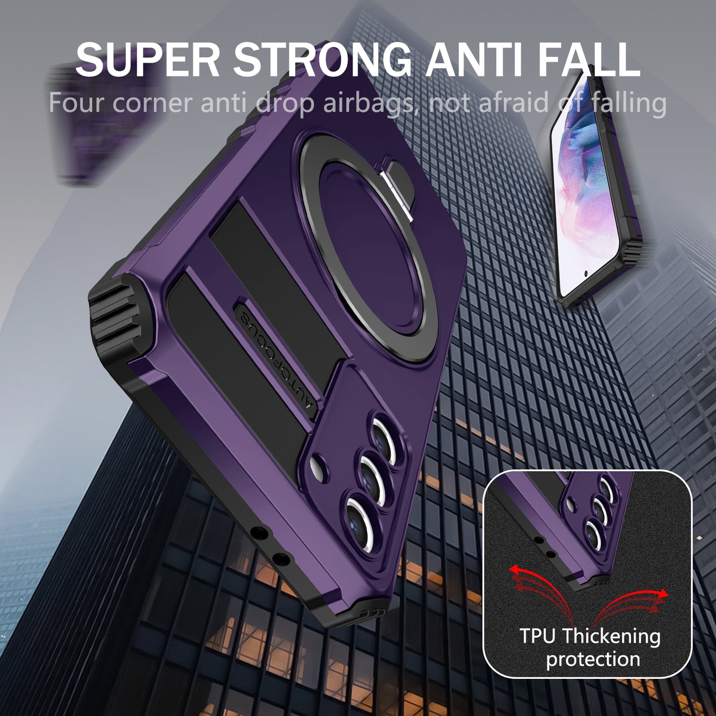 Uniqkart for Samsung Galaxy S21+ 5G Magnetic Metal Ring Cell Phone Case PC+TPU Phone Shell Kickstand Cover - Purple