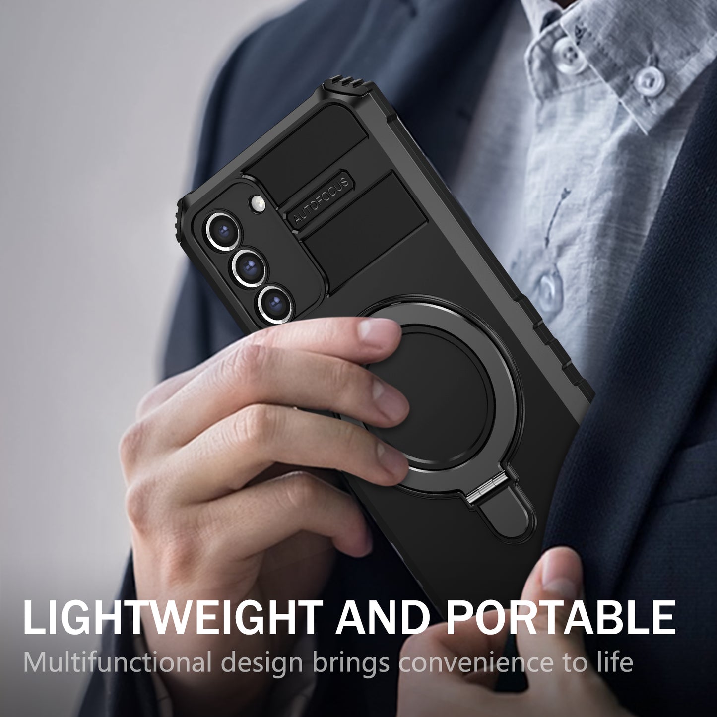Uniqkart for Samsung Galaxy S21 FE 5G Cell Phone Case PC+TPU Magnetic Metal Ring Kickstand Cover - Black