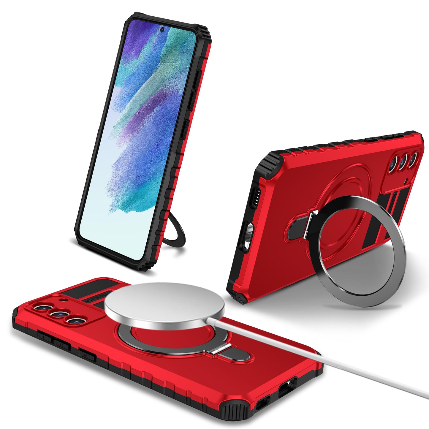 Uniqkart for Samsung Galaxy S21 FE 5G Cell Phone Case PC+TPU Magnetic Metal Ring Kickstand Cover - Red