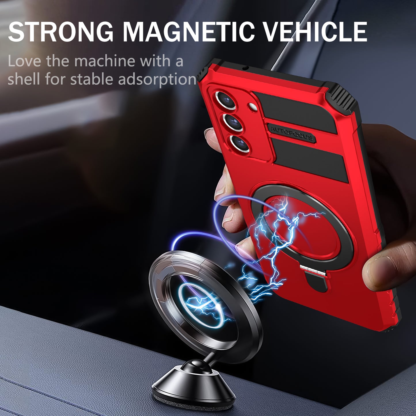 Uniqkart for Samsung Galaxy S21 FE 5G Cell Phone Case PC+TPU Magnetic Metal Ring Kickstand Cover - Red