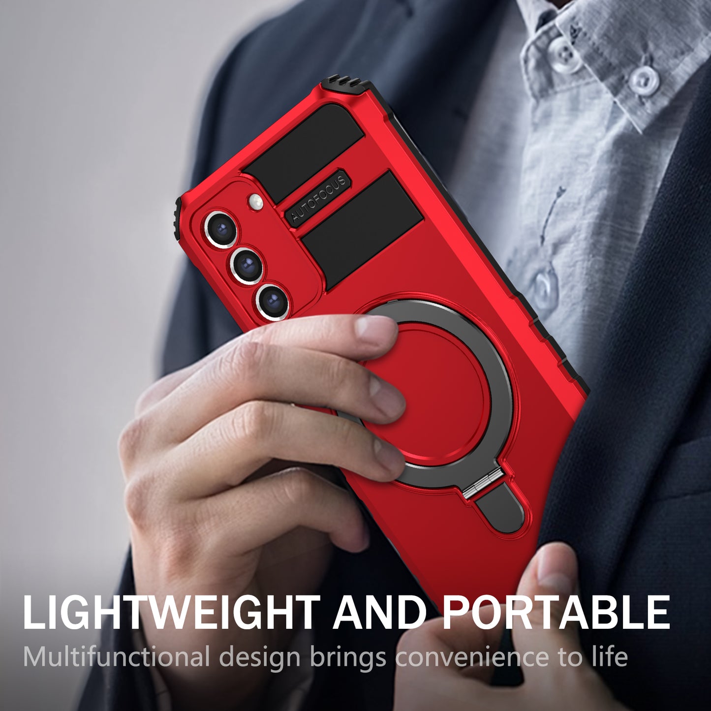 Uniqkart for Samsung Galaxy S21 FE 5G Cell Phone Case PC+TPU Magnetic Metal Ring Kickstand Cover - Red