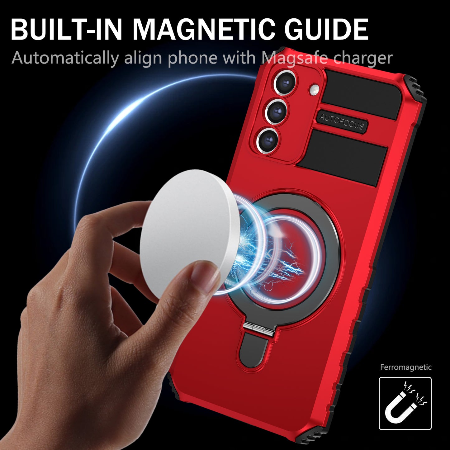 Uniqkart for Samsung Galaxy S21 FE 5G Cell Phone Case PC+TPU Magnetic Metal Ring Kickstand Cover - Red