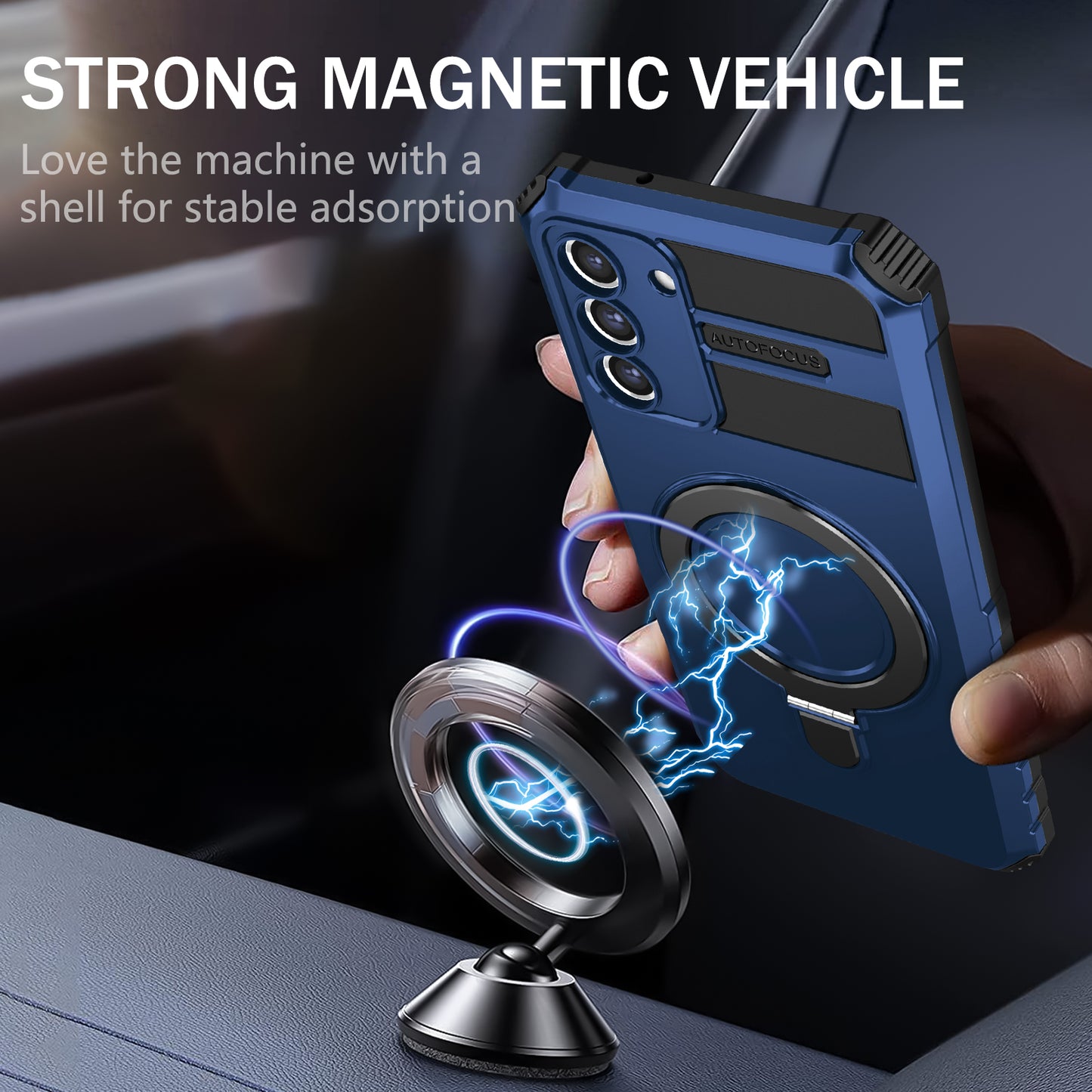 Uniqkart for Samsung Galaxy S21 FE 5G Cell Phone Case PC+TPU Magnetic Metal Ring Kickstand Cover - Blue
