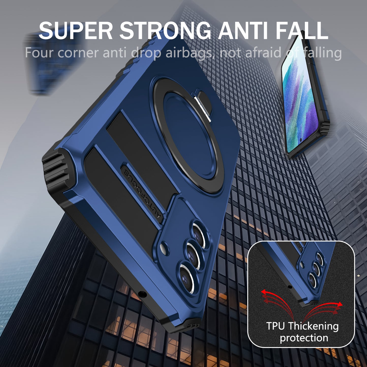 Uniqkart for Samsung Galaxy S21 FE 5G Cell Phone Case PC+TPU Magnetic Metal Ring Kickstand Cover - Blue