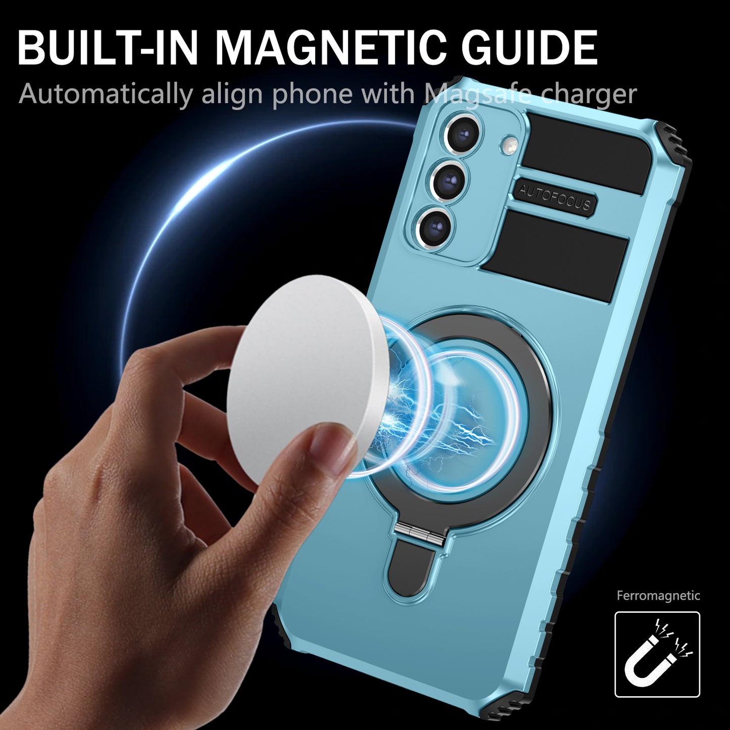 Uniqkart for Samsung Galaxy S21 FE 5G Cell Phone Case PC+TPU Magnetic Metal Ring Kickstand Cover - Baby Blue