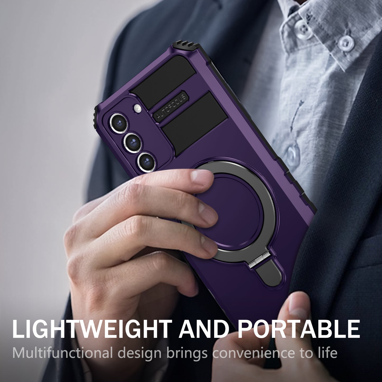 Uniqkart for Samsung Galaxy S21 FE 5G Cell Phone Case PC+TPU Magnetic Metal Ring Kickstand Cover - Purple