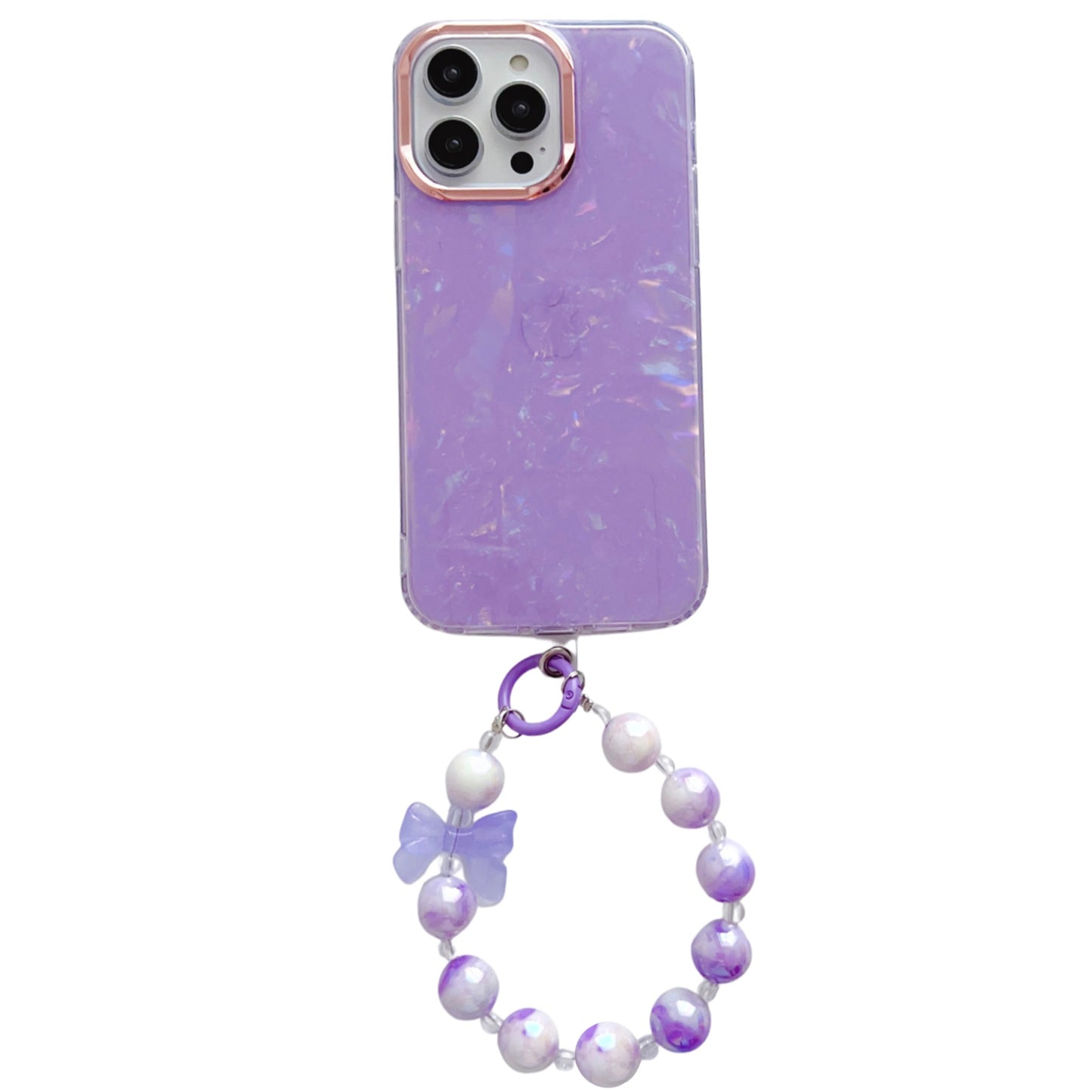 Uniqkart for iPhone 12 Pro Max 6.7 inch TPU+PC IMD Phone Cover Shell Pattern Back Case with Pearl Hand Chain - Light Purple