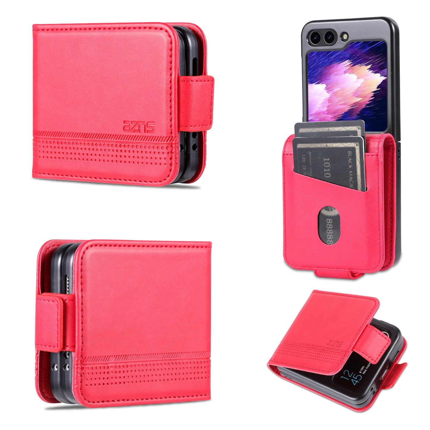 Uniqkart For Samsung Galaxy Z Flip5 5G Leather Phone Case Card Holder Phone Cover - Red