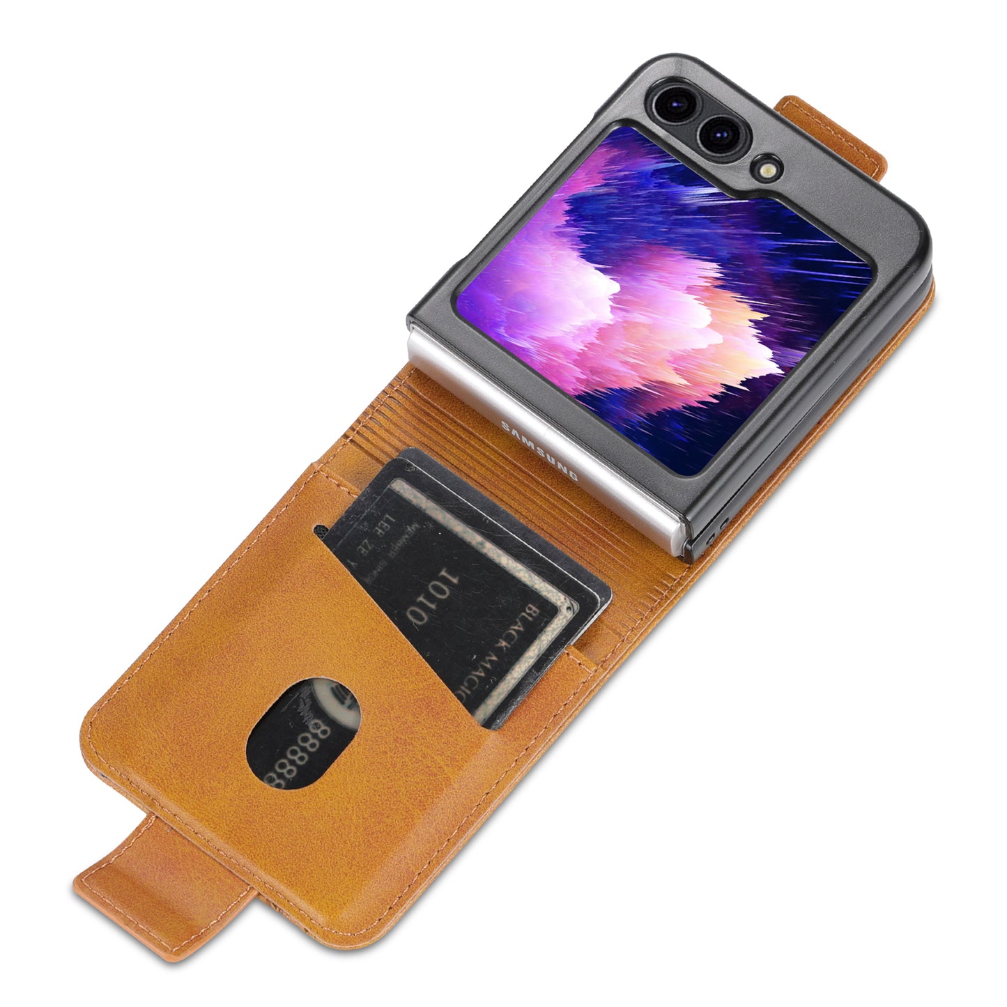 Uniqkart For Samsung Galaxy Z Flip5 5G Leather Phone Case Card Holder Phone Cover - Brown
