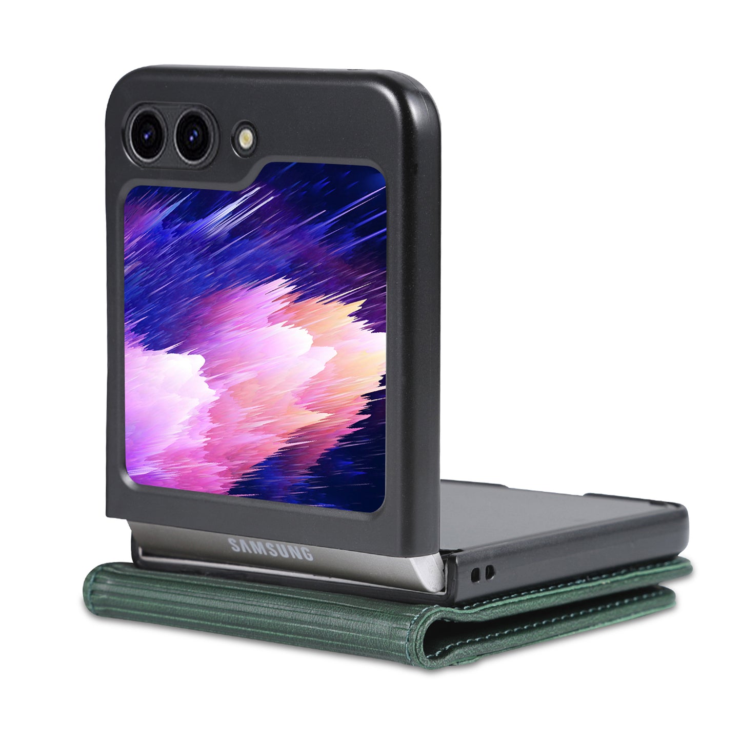 Uniqkart For Samsung Galaxy Z Flip5 5G Leather Phone Case Card Holder Phone Cover - Green