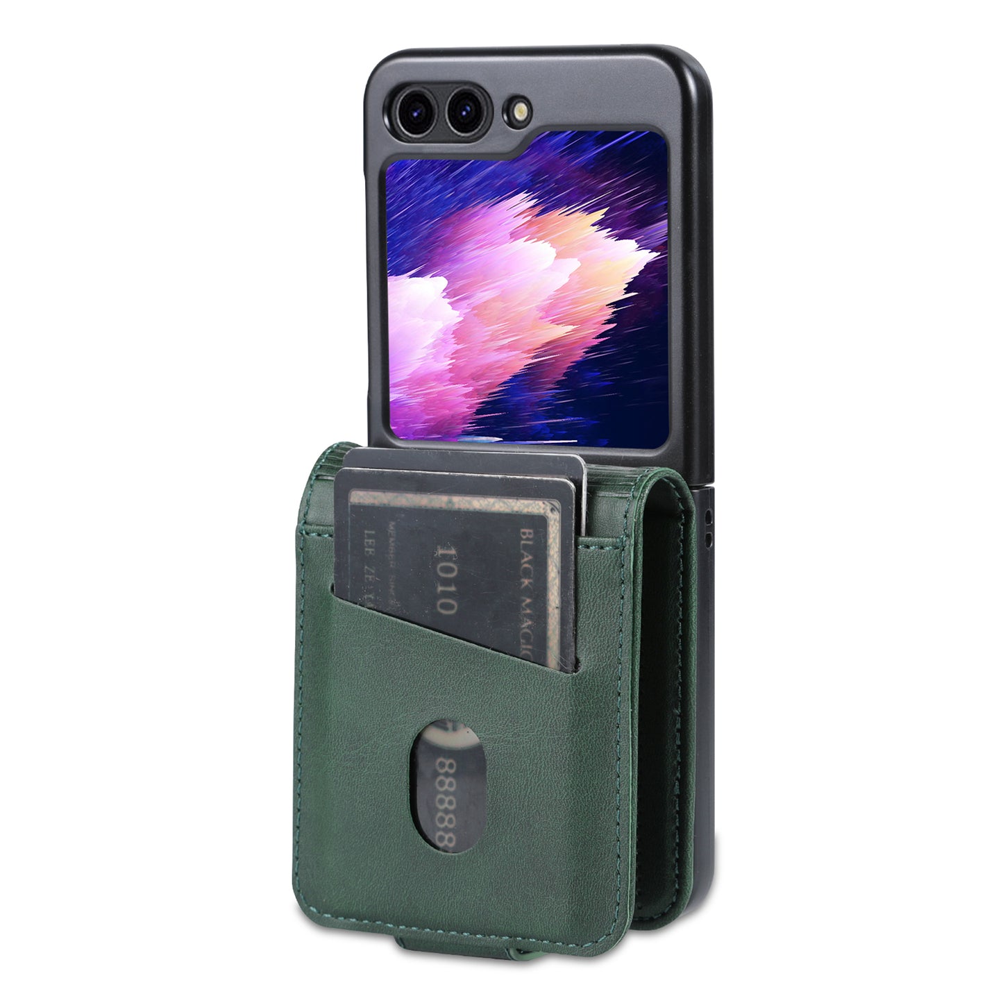 Uniqkart For Samsung Galaxy Z Flip5 5G Leather Phone Case Card Holder Phone Cover - Green