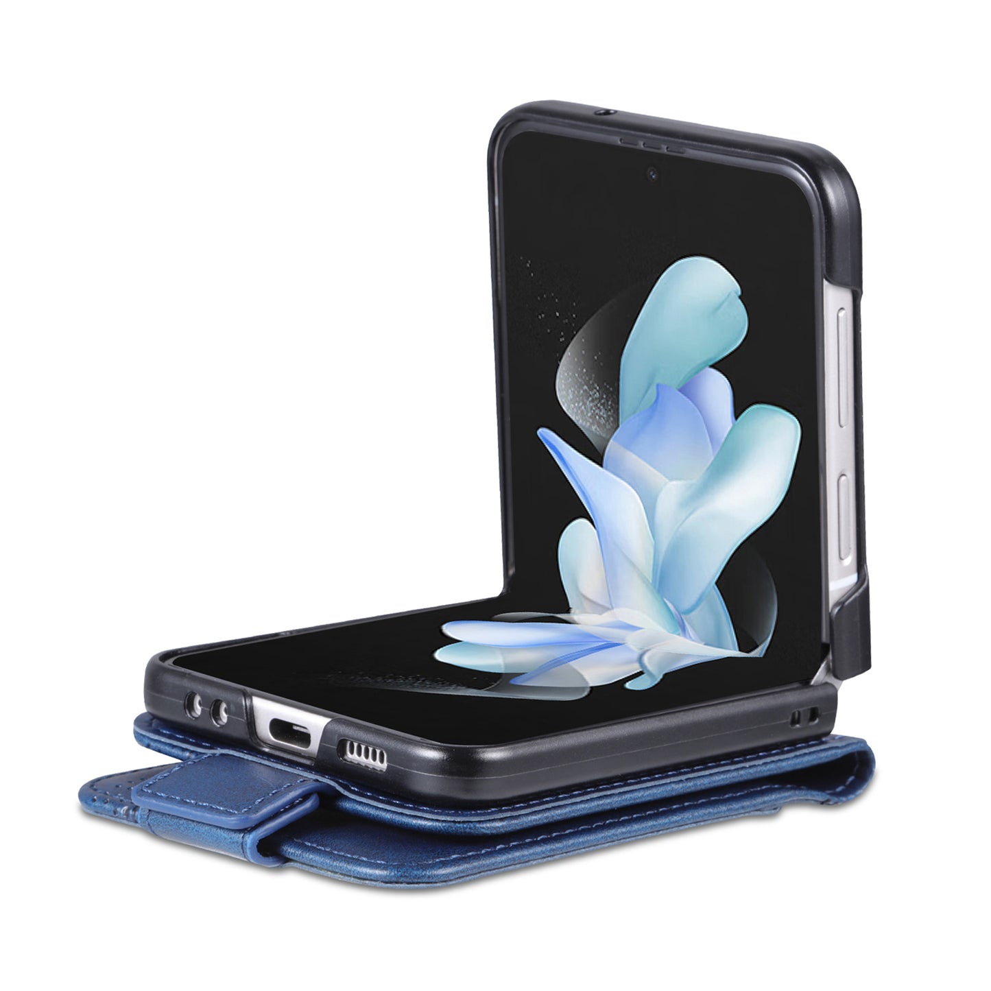 Uniqkart For Samsung Galaxy Z Flip5 5G Leather Phone Case Card Holder Phone Cover - Blue