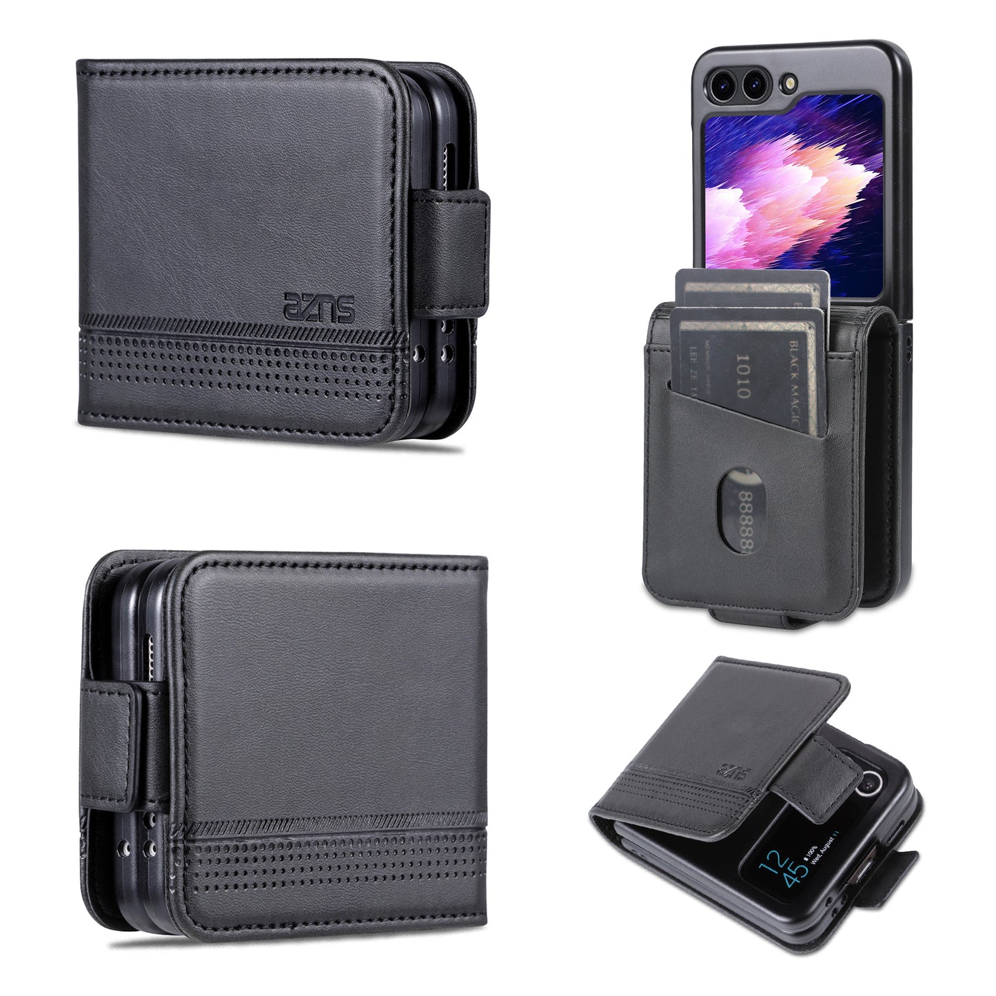 Uniqkart For Samsung Galaxy Z Flip5 5G Leather Phone Case Card Holder Phone Cover - Black