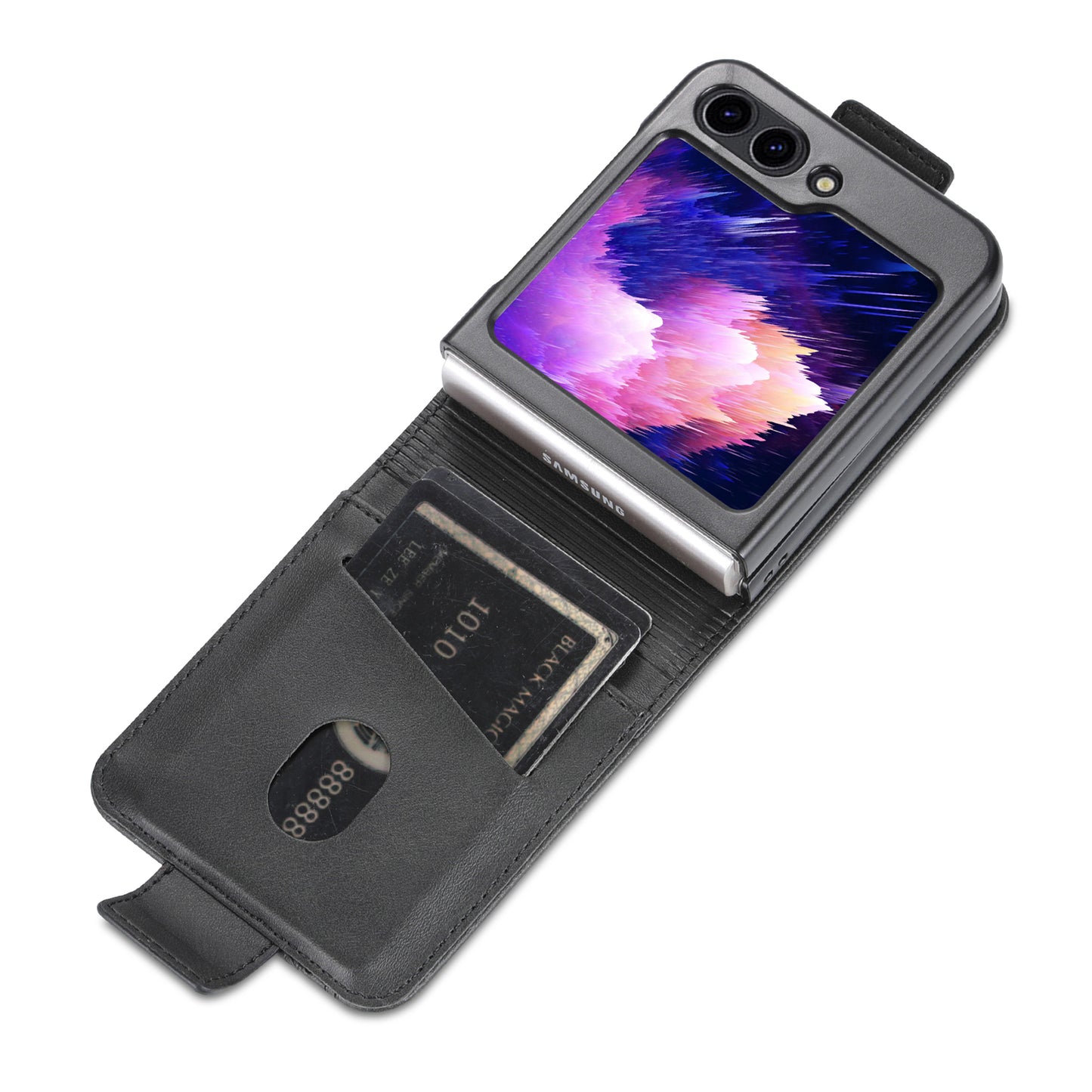 Uniqkart For Samsung Galaxy Z Flip5 5G Leather Phone Case Card Holder Phone Cover - Black