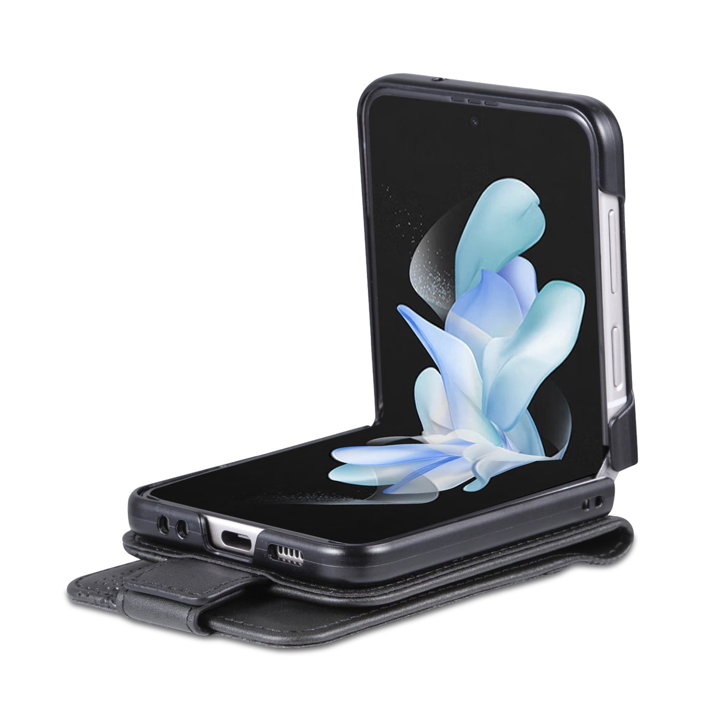 Uniqkart For Samsung Galaxy Z Flip5 5G Leather Phone Case Card Holder Phone Cover - Black