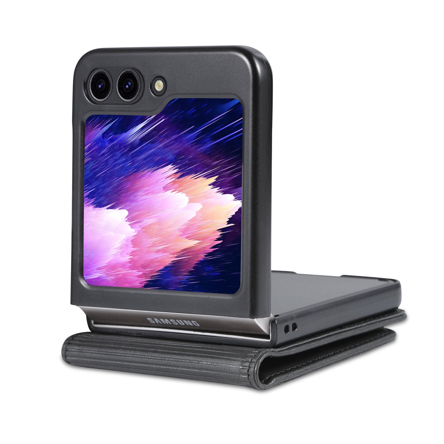 Uniqkart For Samsung Galaxy Z Flip5 5G Leather Phone Case Card Holder Phone Cover - Black