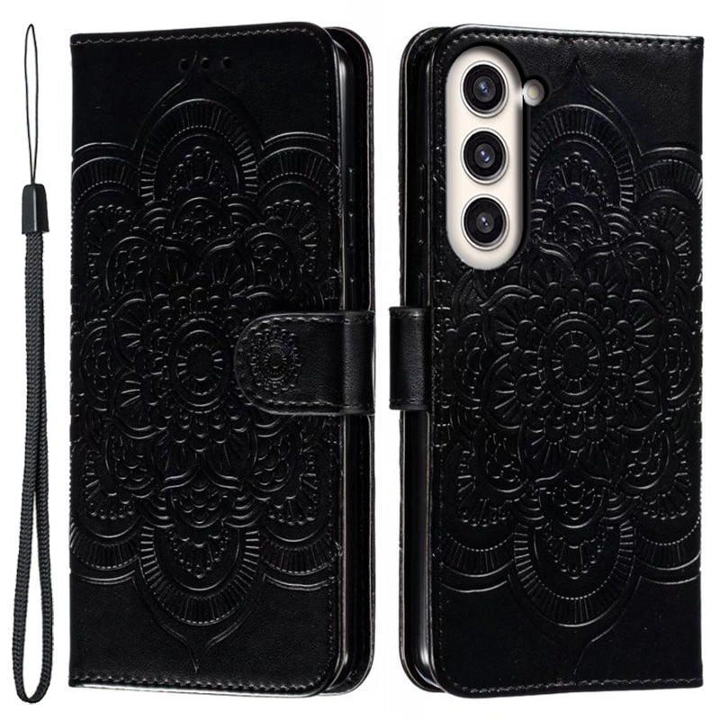 Uniqkart for Samsung Galaxy S23+ Imprinting Mandala Flower Phone Cover Flip PU Leather Stand Protective Case - Black
